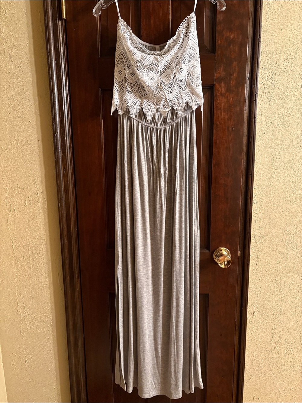 Lace-Trim Strapless Maxi Dress in Light Gray